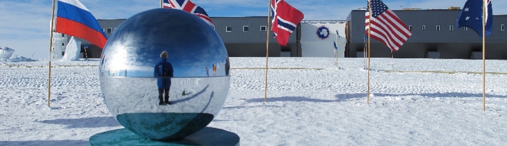 Ceremonial pole in front of South Pole Station