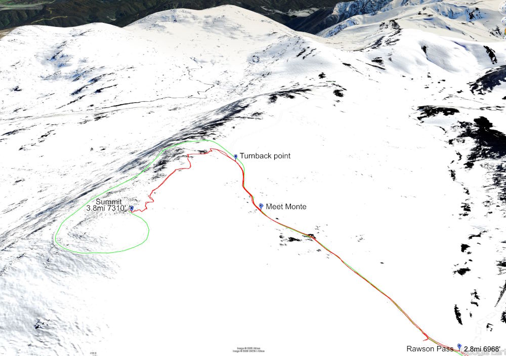 Standard route from Rawson Pass (Green) v. Our track (Red)