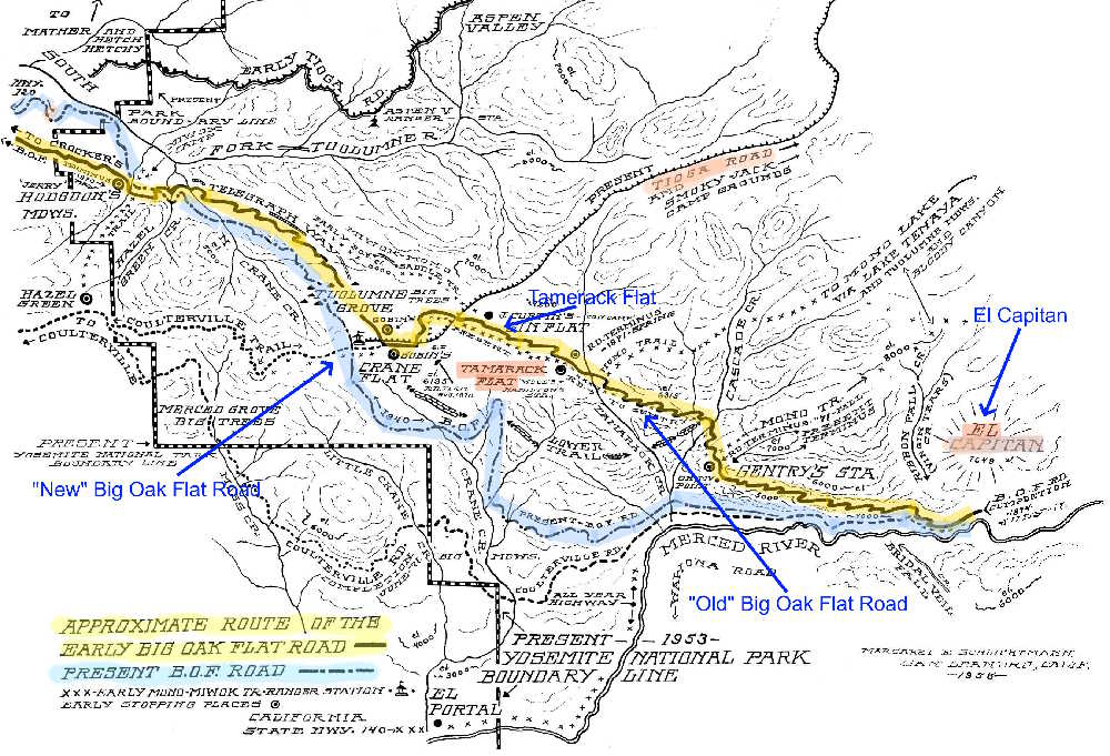 Old (yellow) v. New (blue) Big Oak Flat Road